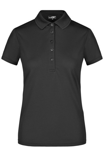 A black ladies active polo shirt with a collar and buttoned placket, featuring a logo on the chest.