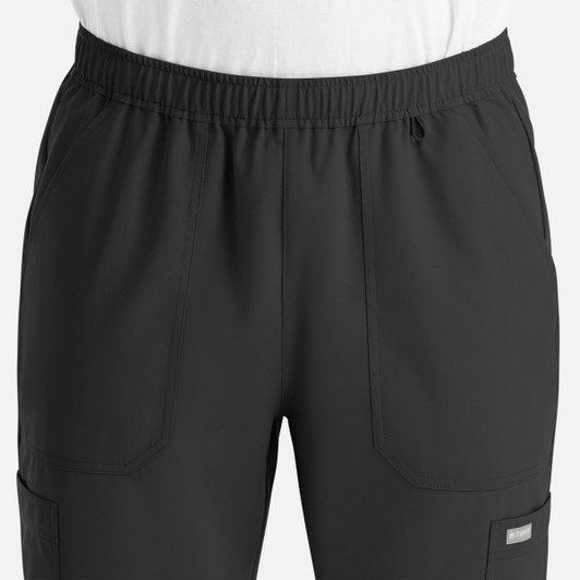 A pair of black men's joggers featuring a full elastic waistband and side pockets.