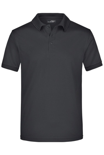 A black polo shirt featuring a classic collar and short sleeves, with a logo on the chest area.