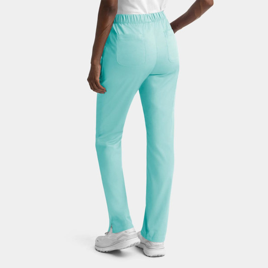 A pair of women's cargo pants in turquoise with a full elastic waistband and back pockets.