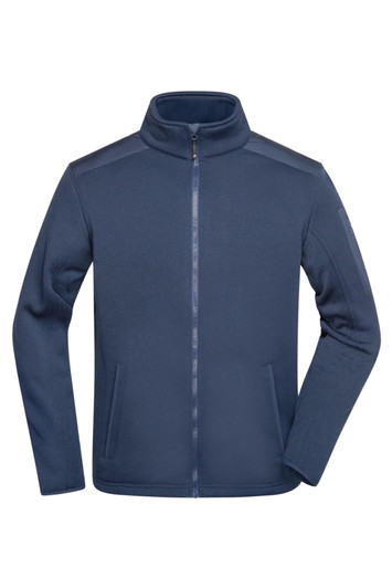 A navy blue men's knitted fleece jacket with a zip front and two side pockets. It features a logo on the sleeve.