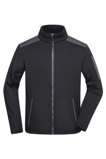 A black men's knitted fleece jacket with a zip front and grey shoulder accents. Features side pockets and logo branding.