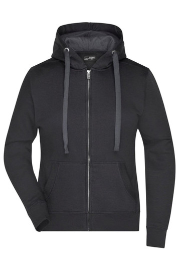 A black hooded jacket with a zip front and pockets, featuring contrasting grey drawstrings and a logo.