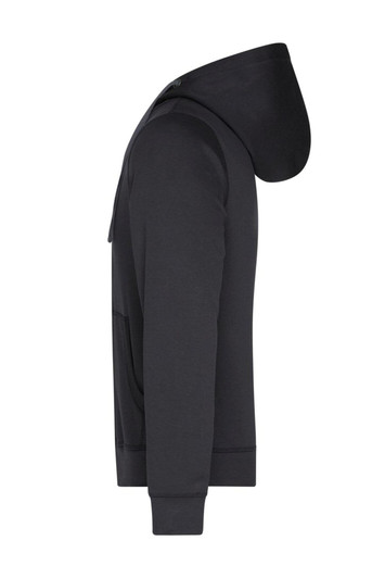 A men's hooded jacket in black, featuring a front pocket and a logo on the side.