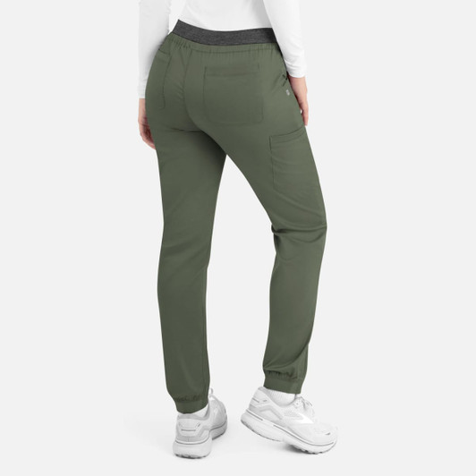 A pair of women's cargo pants in olive green with an elastic waistband and side pockets, featuring a logo.
