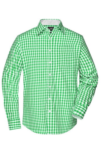 A green and white checked button-up shirt with long sleeves and a collar, featuring a branding logo.