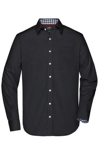 A black button-up shirt featuring a check pattern inside the collar and a chest pocket. The shirt has a logo.