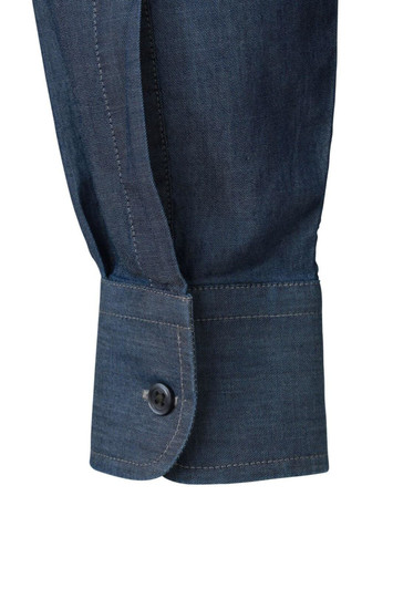 A men's denim shirt in dark blue featuring a button-up cuff. The fabric has a smooth texture with a subtle sheen.