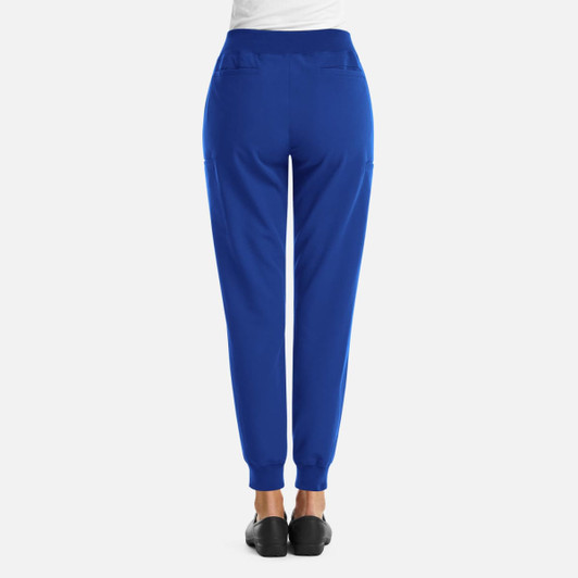 A pair of women's joggers in vibrant blue, featuring a full waist and elastic cuffs, with pockets on the back.