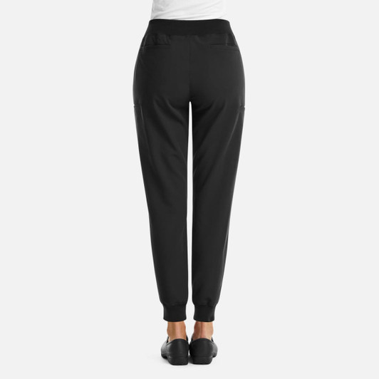 A black pair of women's joggers with a full waist and elastic cuffs, featuring pockets and a logo.