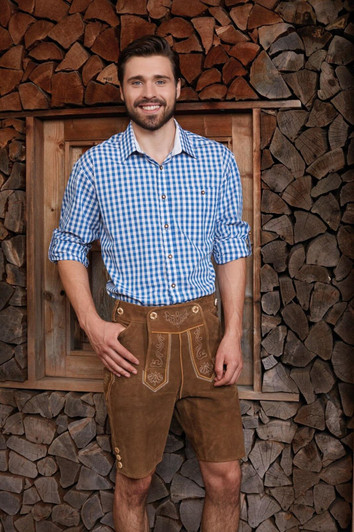 A men's button-up shirt in blue and white checkered pattern, worn with brown shorts, against a wood backdrop.