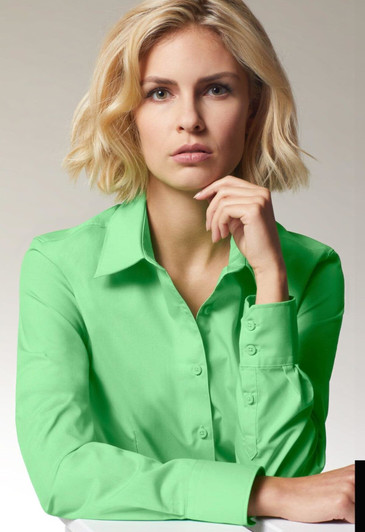 A button-up ladies' business shirt in bright green, featuring a collar and long sleeves. Includes a logo.
