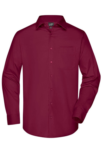 A long-sleeve, button-up men's business shirt in a deep burgundy colour with a chest pocket and a logo.