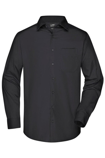 A black long-sleeve button-up business shirt with a chest pocket and a logo.