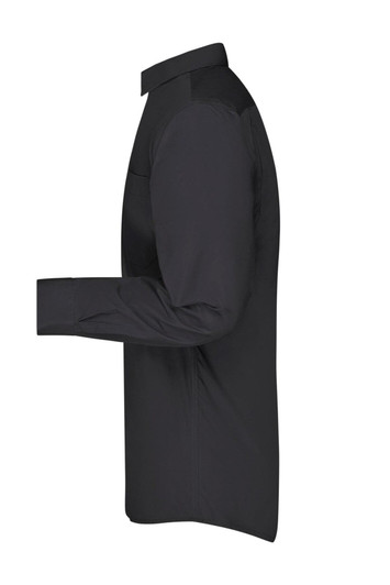 A black long-sleeve button-up business shirt displayed from the side, featuring a collar and a branded logo.