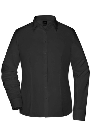 A black button-up ladies' shirt with a collar and long sleeves. The shirt has a simple design and includes a logo.
