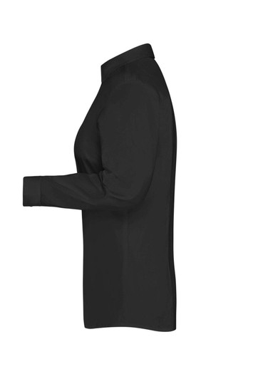 A black button-up shirt featuring long sleeves and a collared neckline, displaying a profile view.