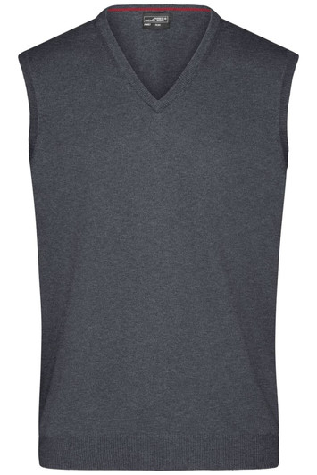 A grey men's v-neck vest with a sleeveless design, featuring a subtle texture and a logo label.