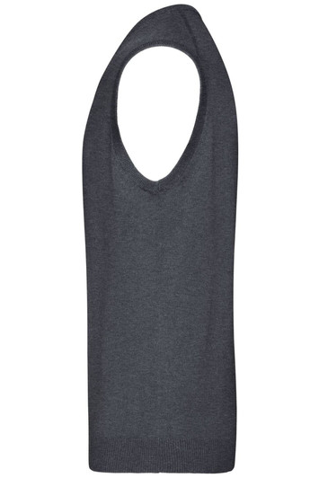 A dark grey men's V-neck vest, featuring a sleeveless design and a logo at the hem.