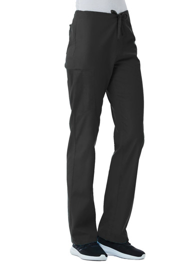 A pair of unisex pull-on pants in dark grey, featuring a drawstring waist and pockets.