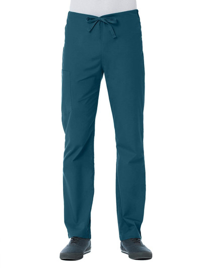 A pair of unisex pull-on pants in a teal colour with a drawstring waistband and side pockets.