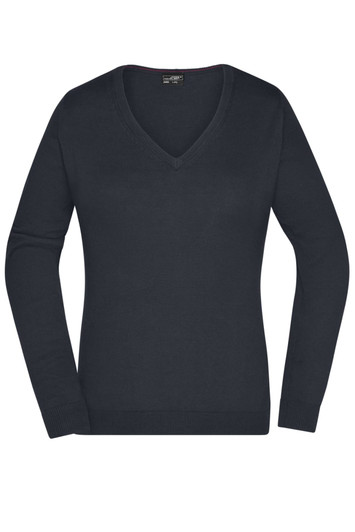 A navy blue ladies' V-neck pullover with long sleeves and a fitted design. It features a logo on the label.