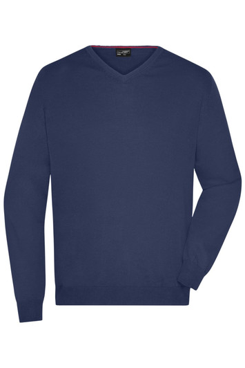 A navy blue men's V-neck pullover jumper with long sleeves, featuring a logo.