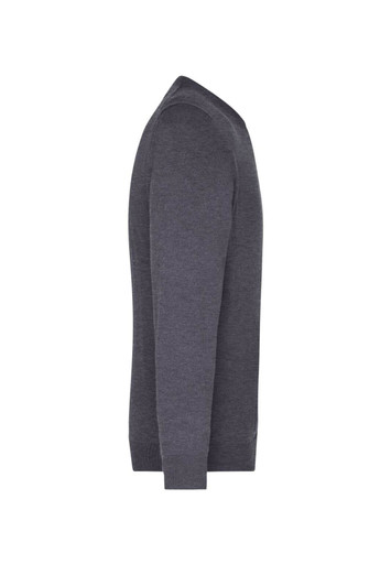 A grey men's V-neck pullover jumper with long sleeves displayed from the side. It has a logo on it.