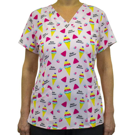 A women's V-neck print top featuring a pink background with ice cream cones and geometric shapes. It includes a logo.