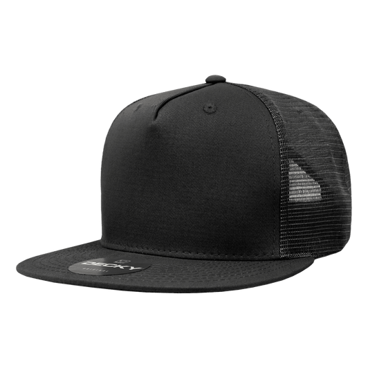 A high-profile structured trucker cap in black with a mesh back and a logo.