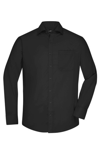 A black long-sleeve button-up shirt with a chest pocket and a logo.