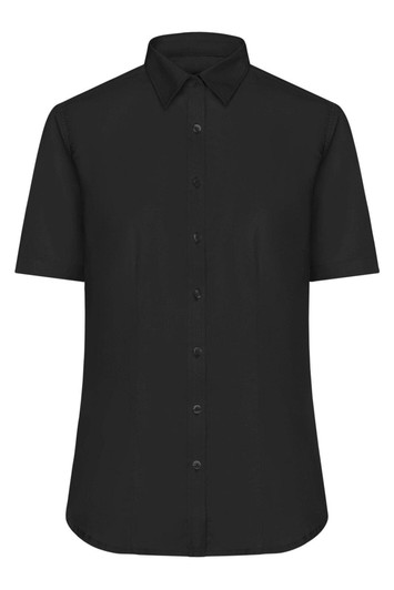 A black button-up shirt with short sleeves and a collar, featuring a subtle texture and a branding logo.