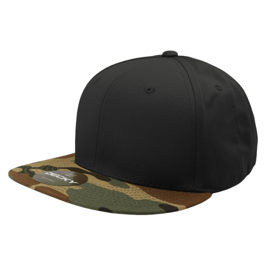 A high-profile structured snapback cap in black with a camo-patterned peak, featuring a logo on the front.