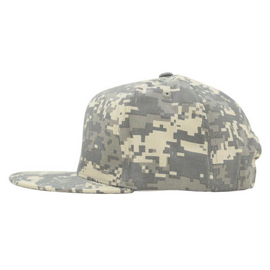 A structured high-profile snapback cap in a grey and beige camo pattern, featuring a curved brim and branding.