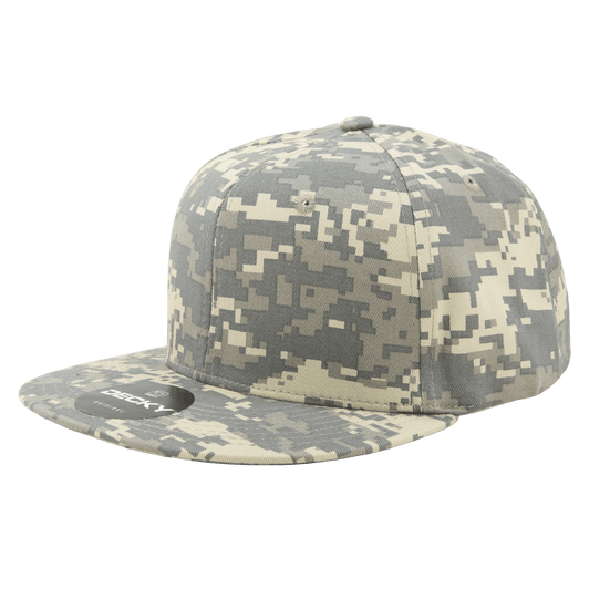 A camo-patterned 6 panel high profile structured snapback cap in shades of grey and cream, featuring a logo.