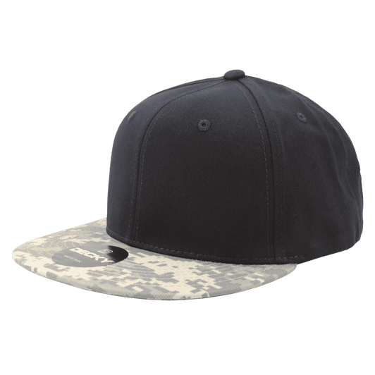 A high-profile structured snapback cap featuring a black body and camouflage-patterned brim, with a logo on the front.