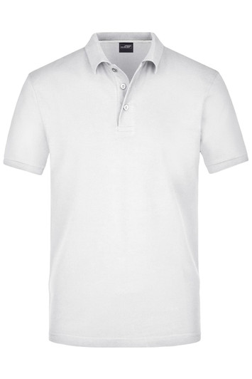 A white men's polo shirt with a soft fabric, featuring a collar and three-button placket, includes a logo.