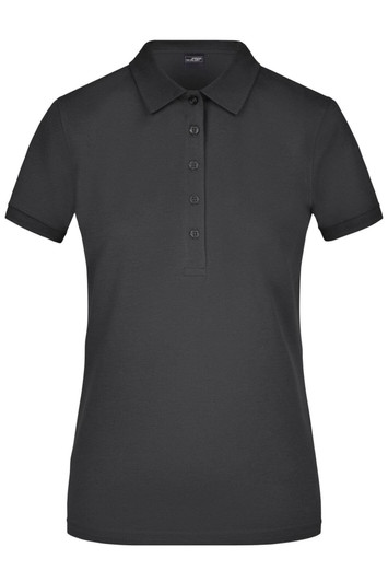 A ladies' black elastic polo pique shirt featuring a classic collar and button placket, with a logo present.