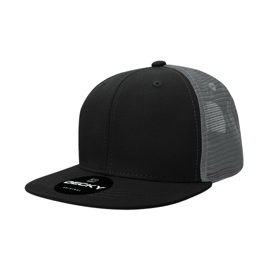 A black structured trucker cap with a mesh rear and a circular logo on the front.
