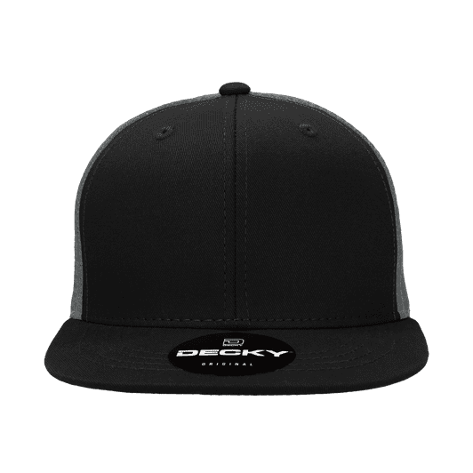 A black high-profile structured trucker cap with a grey mesh back and a logo on the front.