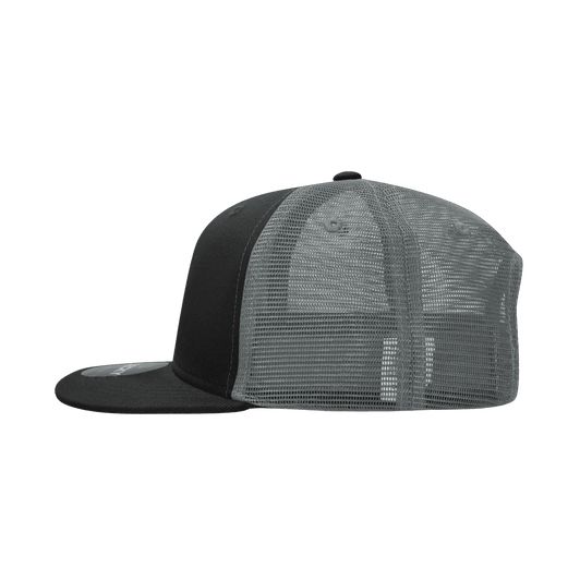 A structured six-panel trucker cap in black with a grey mesh back and adjustable strap.