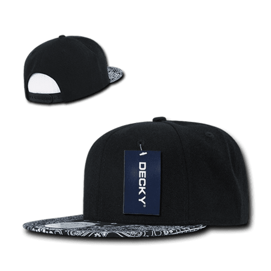 A black snapback cap with a patterned peak and a branded tag, featuring a structured high profile design.