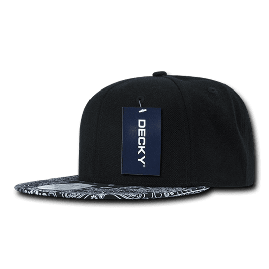 A black snapback cap with a patterned brim, featuring a tag and a logo on the side.