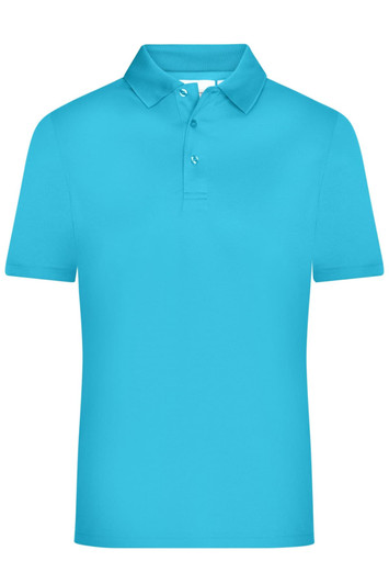 A turquoise men's active polo shirt featuring a classic collar and a single button placket. It has a logo on the chest.