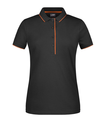 A black women's polo shirt with orange trim and a collar, featuring a button placket and logo branding.