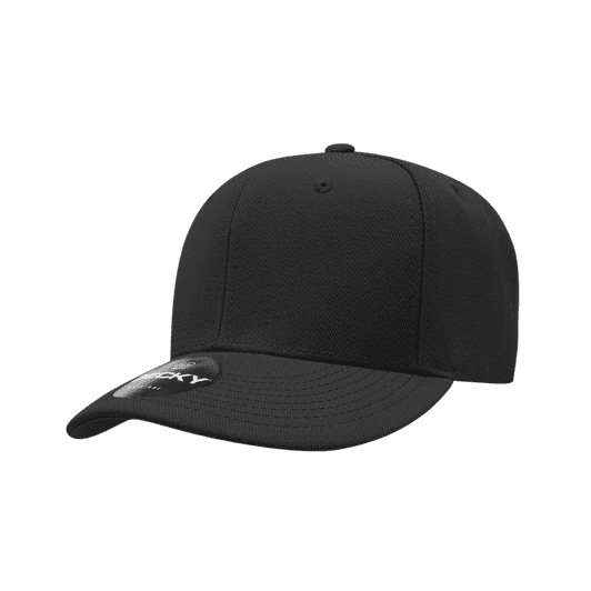 A black 6 panel low profile structured cap with a branded tag on the brim.