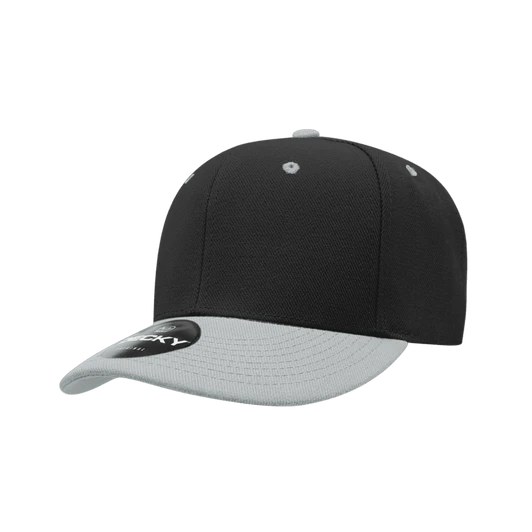 A black and grey 6-panel low profile structured cap with a curved brim and a logo on the front.