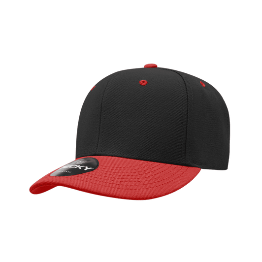 A black and red 6-panel low profile structured cap with a logo on the side.