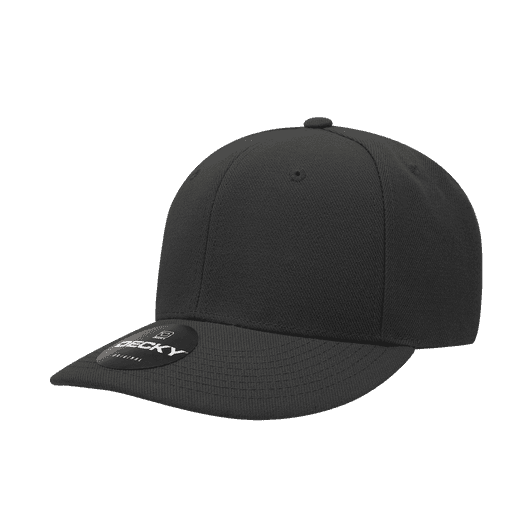 A black 6-panel mid-profile structured cap with a branded tag on the front.