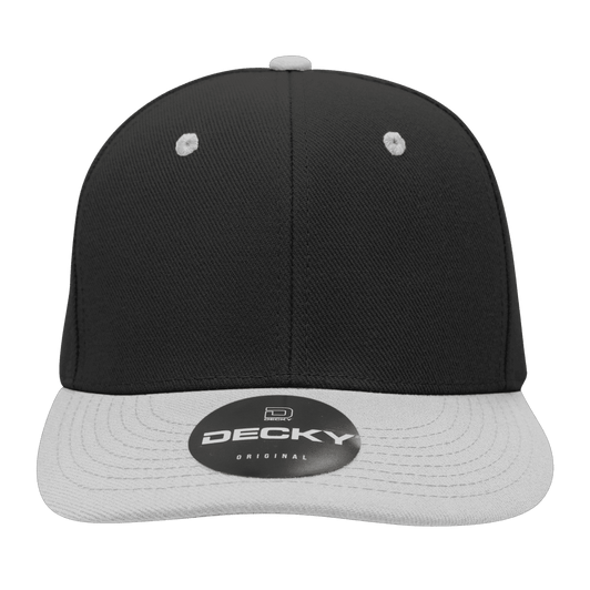 A structured six-panel cap in black with a grey peak, featuring a logo on the front.